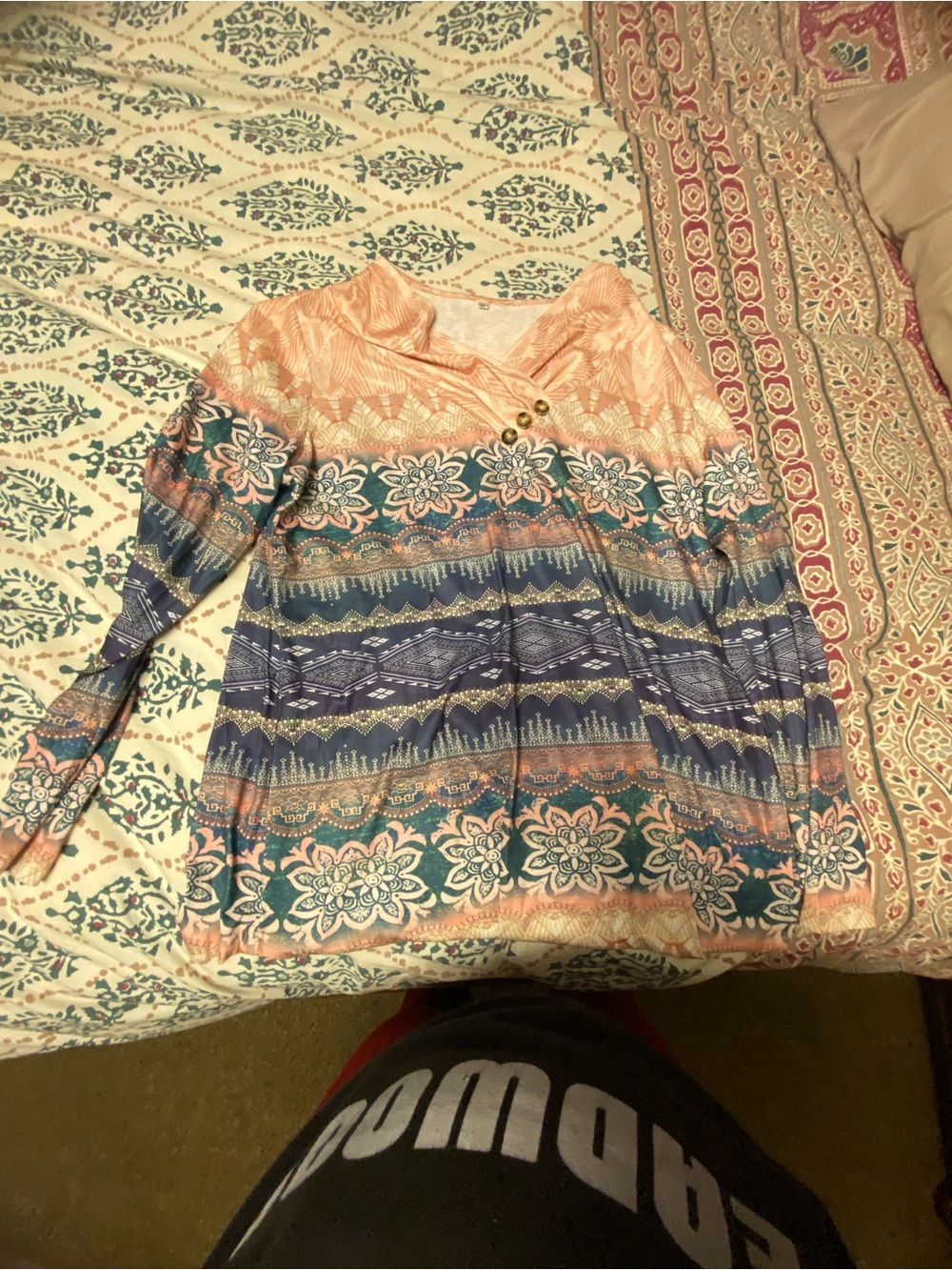 Boho Floral V-Neck Long-Sleeve Top in Peach and Teal